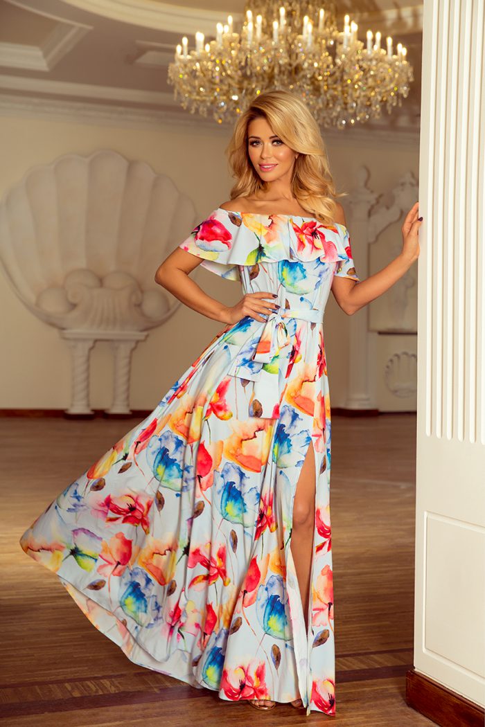 194-1 Długa suknia z hiszpańskim dekoltem - kolorowe malowane kwiaty-1