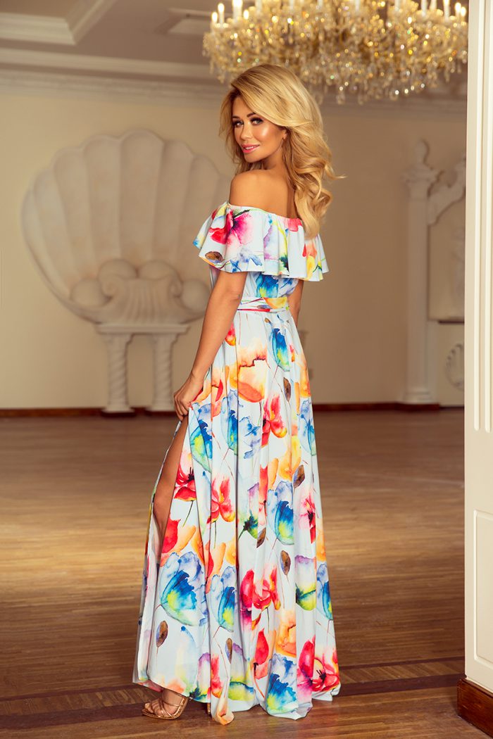 194-1 Długa suknia z hiszpańskim dekoltem - kolorowe malowane kwiaty-2