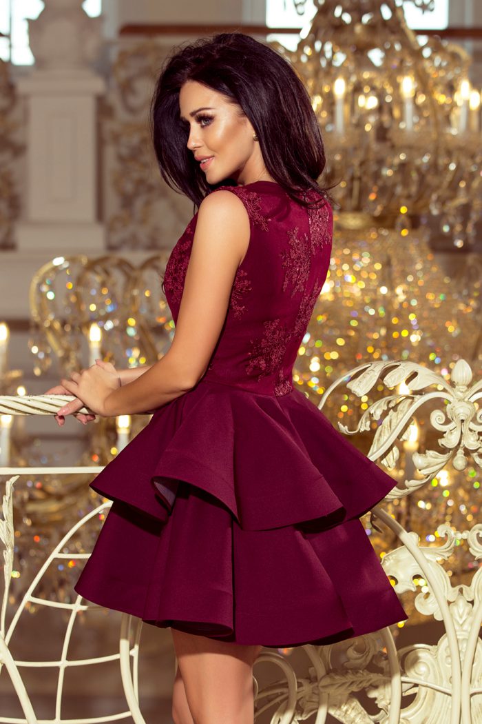 200-8 CHARLOTTE - ekskluzywna sukienka z koronkowym dekoltem - BORDOWA-2
