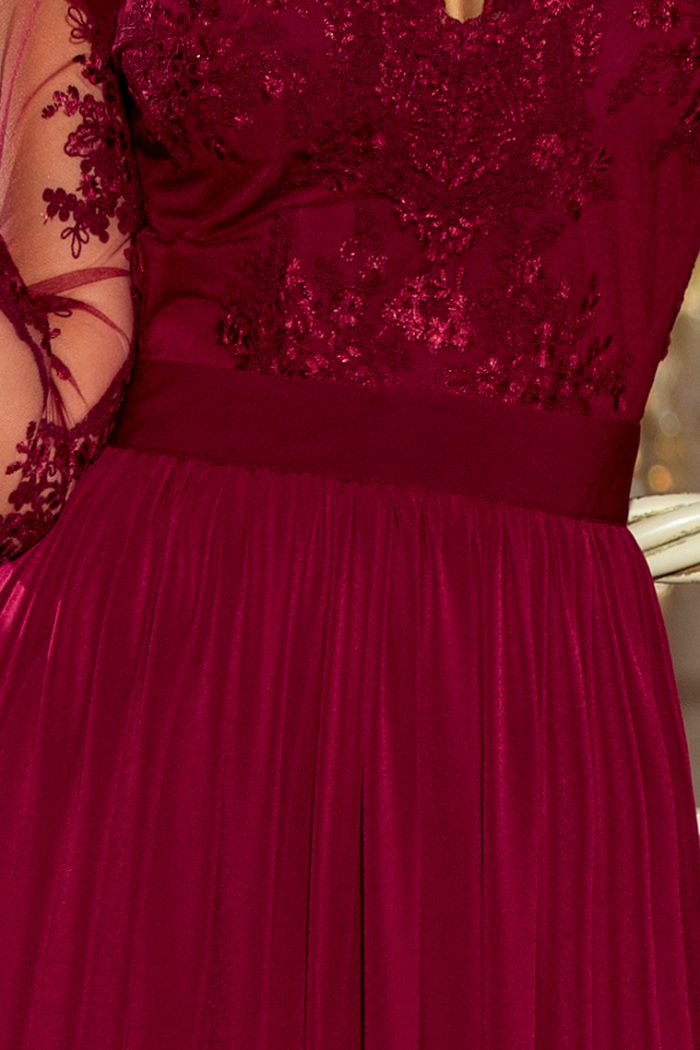 213-2 ARATI długa suknia z haftowanym dekoltem i długim rękawkiem - BORDOWA-6