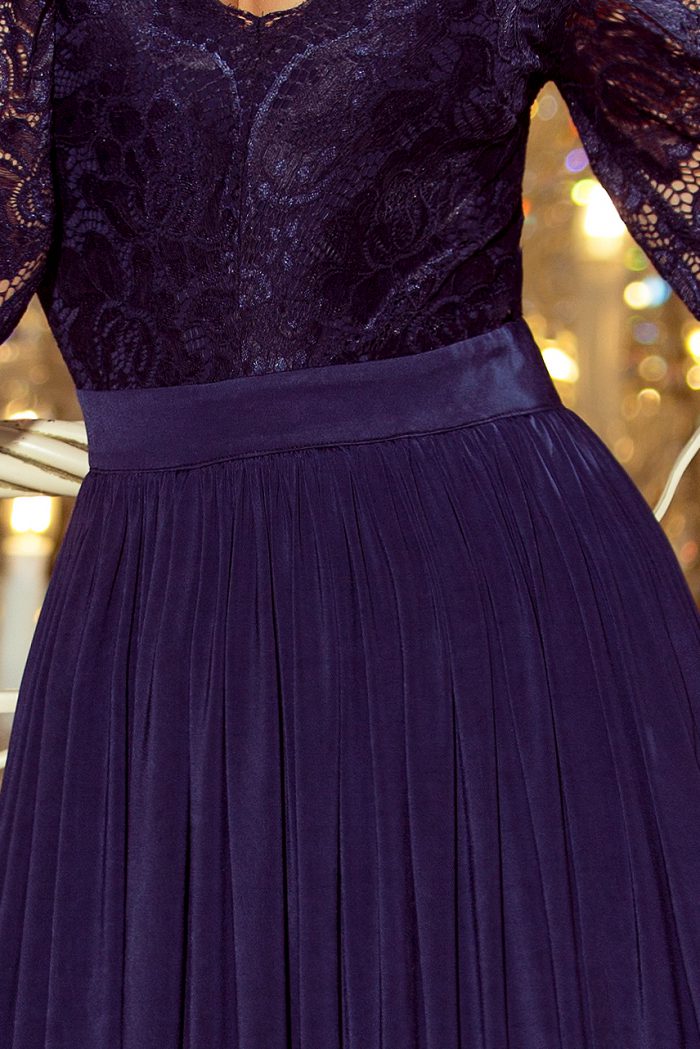 214-1 MADLEN długa suknia z koronkowym dekoltem i długim rękawkiem - GRANATOWA-6