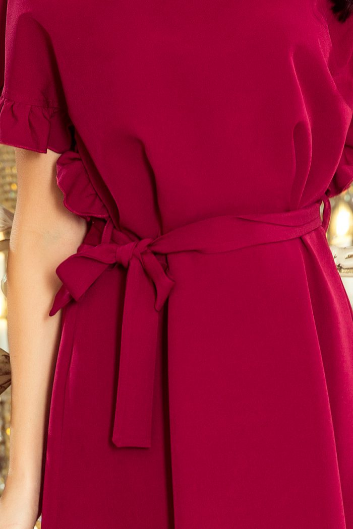 229-2 ROSE Sukienka z wiązaniem i falbankami na rękawkach - BORDOWA-6