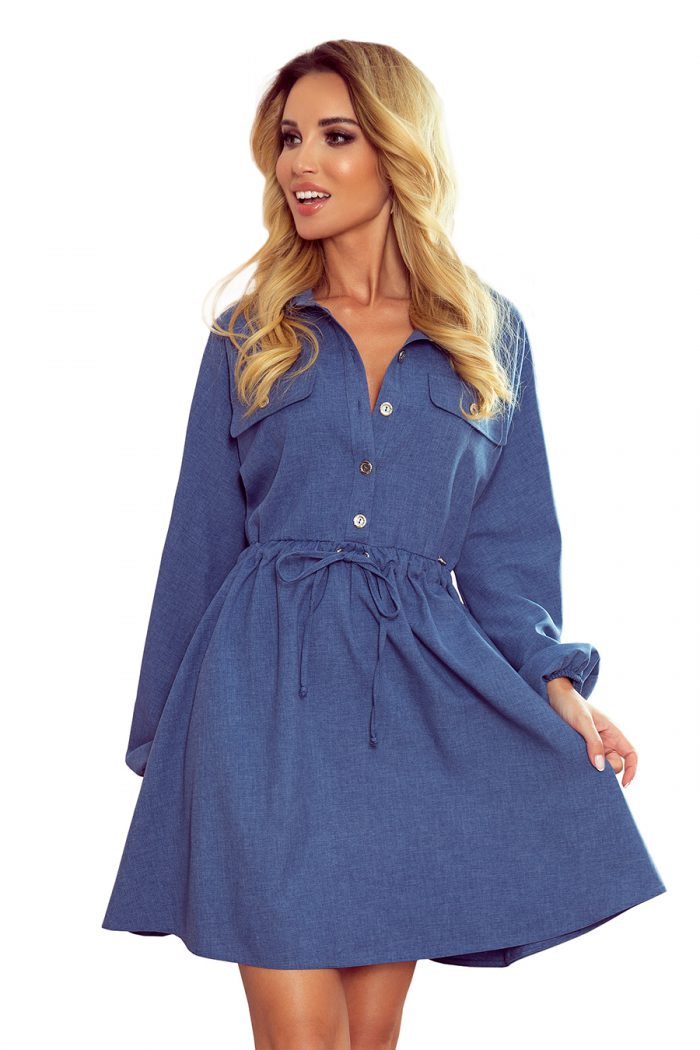 298-2 CLARA - Koszulowa sukienka z guzikami i długim rękawkiem - niebieska-7