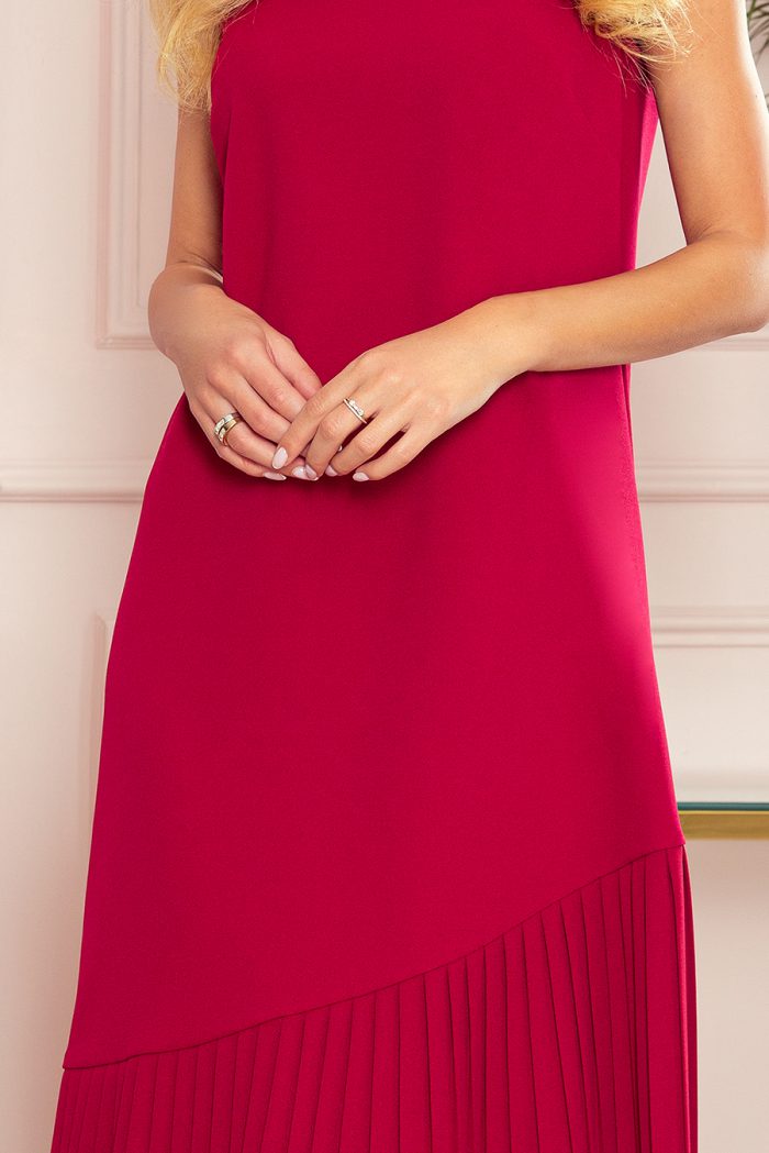 308-2 KARINE - trapezowa sukienka z asymetryczną plisą - CZERWONA-5