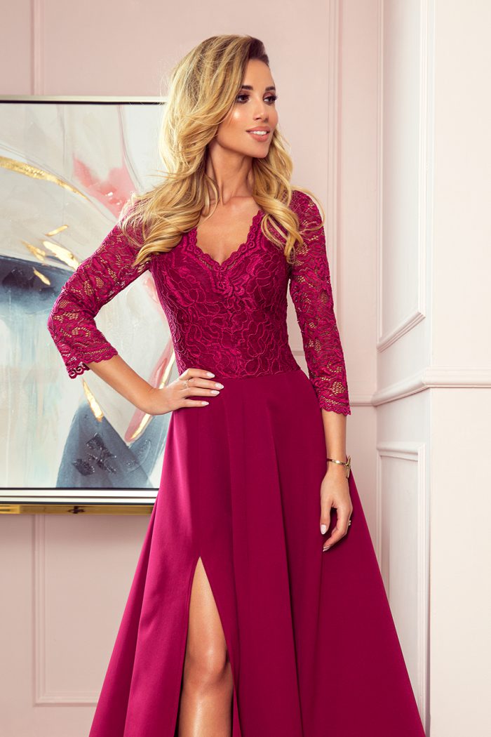 309-1 AMBER elegancka koronkowa długa suknia z dekoltem - BORDOWA-3