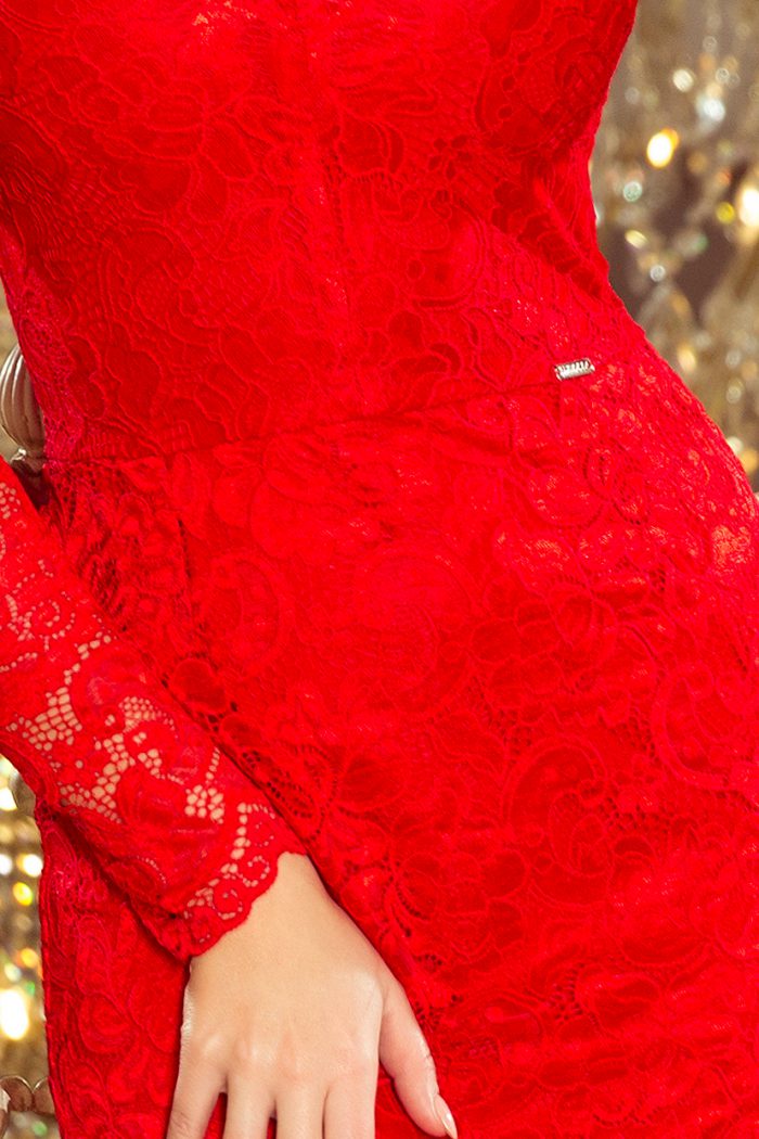 170-6 Sukienka koronkowa z długim rękawkiem i DEKOLTEM - CZERWONA-6