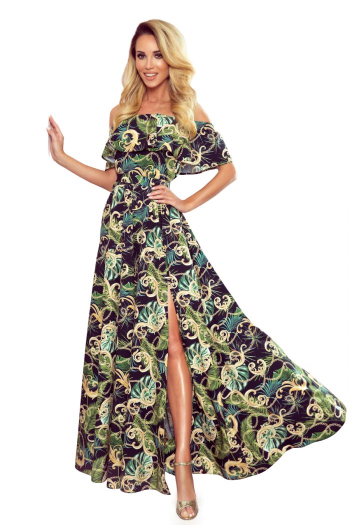 194-4 Długa suknia z hiszpańskim dekoltem - zielone liście i złote łańcuszki-6