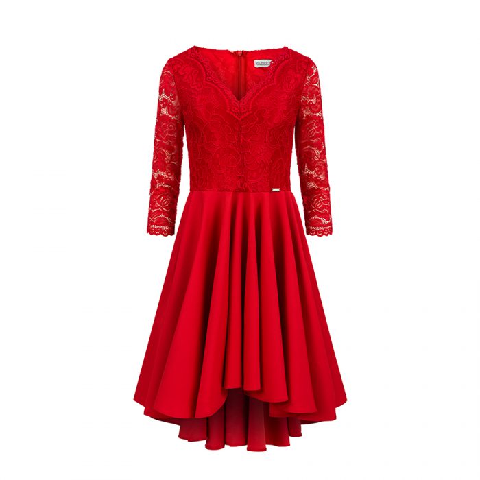 210-6 NICOLLE - sukienka z dłuższym tyłem z koronkowym dekoltem - CZERWONA-7