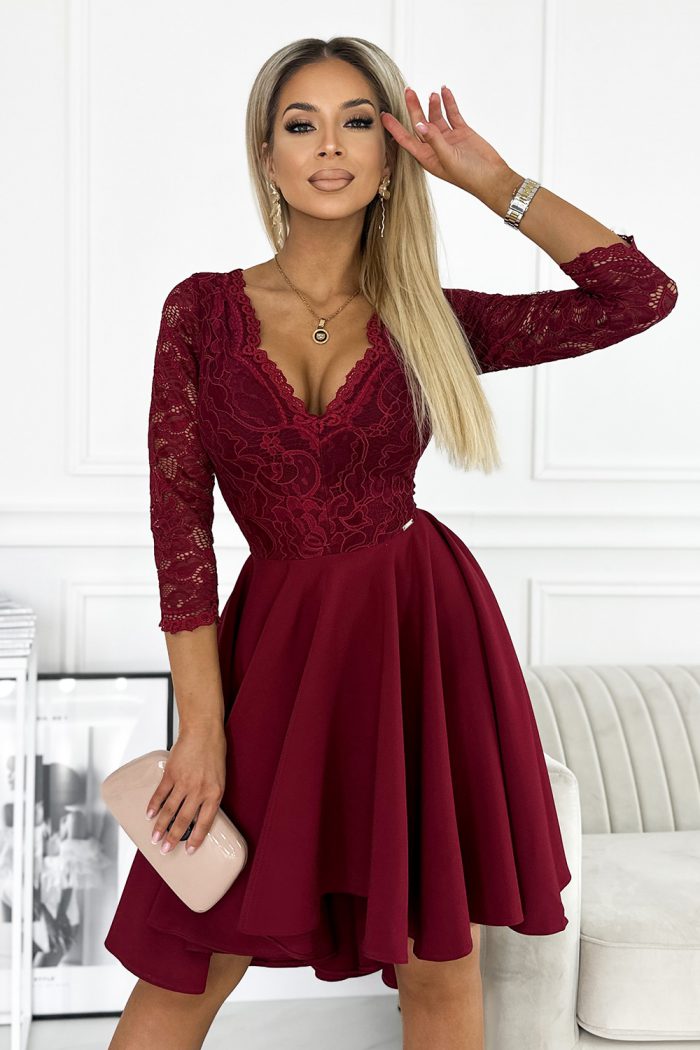 210-15 NICOLLE sukienka z dłuższym tyłem i dekoltem - kolor BORDOWY-5