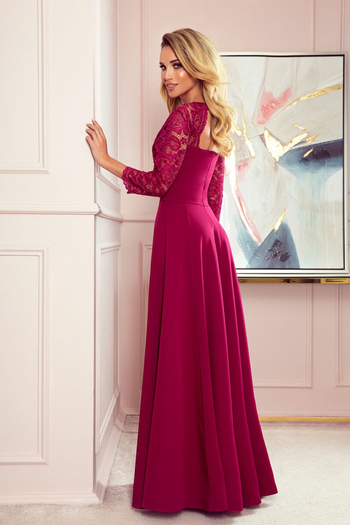 309-1 AMBER elegancka koronkowa długa suknia z dekoltem - BORDOWA-2