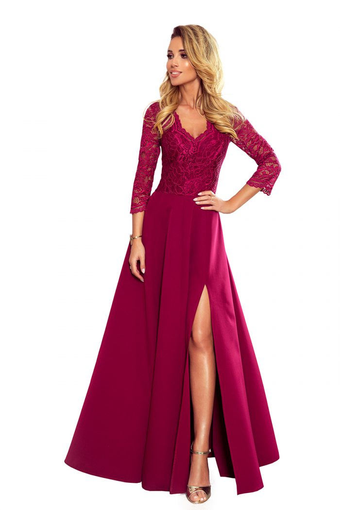 309-1 AMBER elegancka koronkowa długa suknia z dekoltem - BORDOWA-7