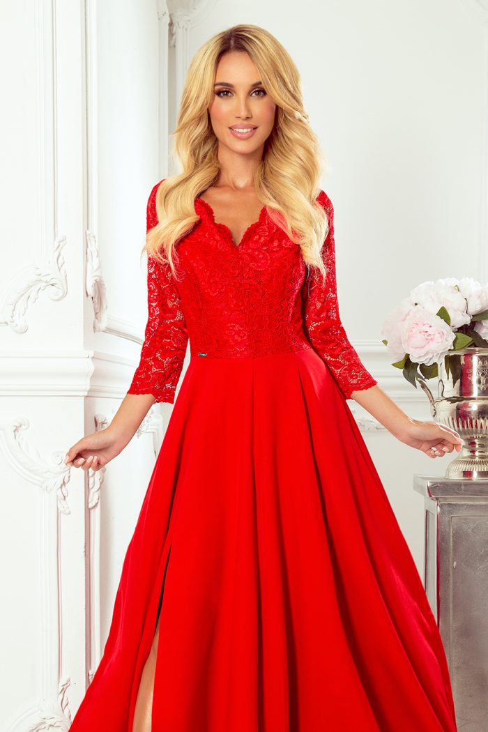 309-3 AMBER elegancka koronkowa długa suknia z dekoltem - CZERWONA-3