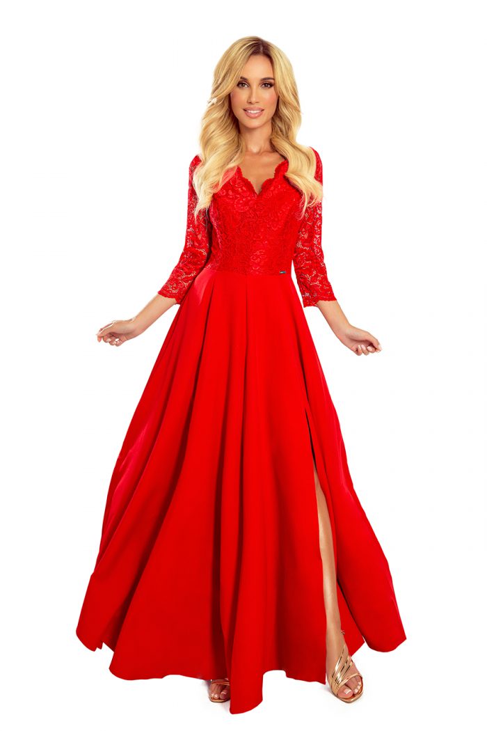 309-3 AMBER elegancka koronkowa długa suknia z dekoltem - CZERWONA-6