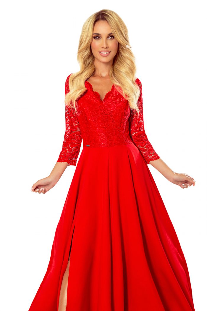 309-3 AMBER elegancka koronkowa długa suknia z dekoltem - CZERWONA-7
