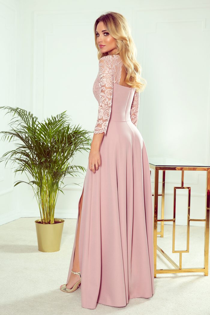 309-4 AMBER elegancka koronkowa długa suknia z dekoltem - PUDROWY RÓŻ-2