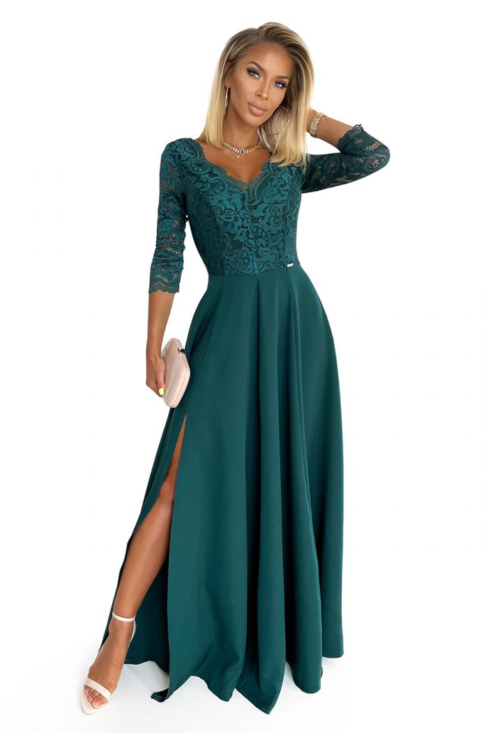 309-5 AMBER elegancka koronkowa długa suknia z dekoltem - ZIELEŃ BUTELKOWA-7