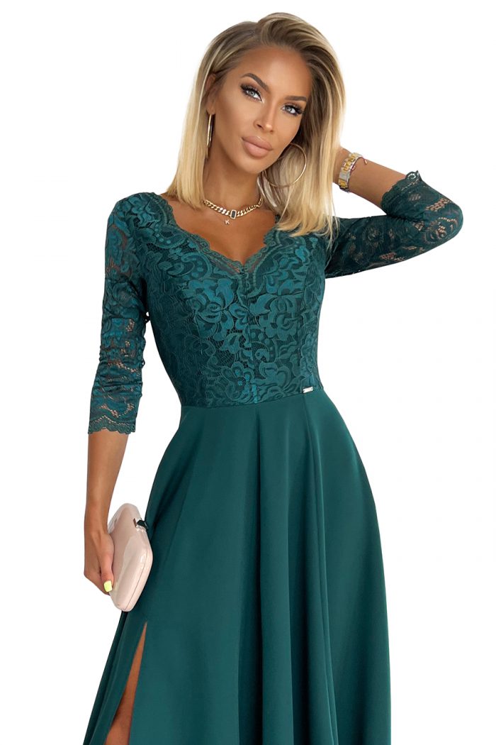 309-5 AMBER elegancka koronkowa długa suknia z dekoltem - ZIELEŃ BUTELKOWA-8