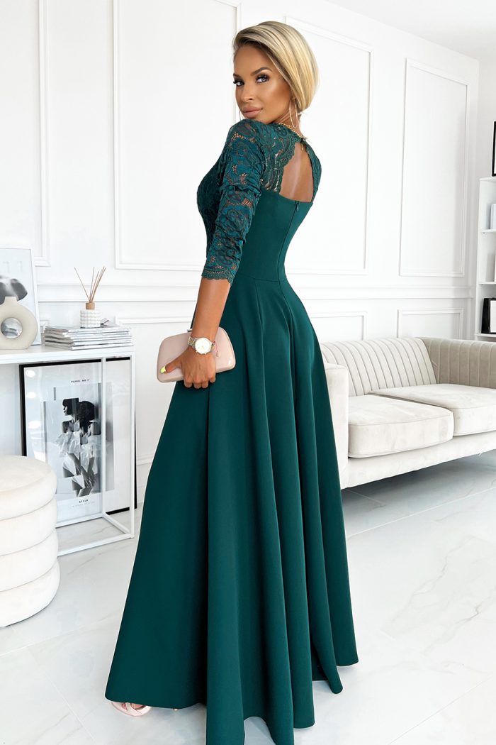 309-5 AMBER elegancka koronkowa długa suknia z dekoltem - ZIELEŃ BUTELKOWA-2