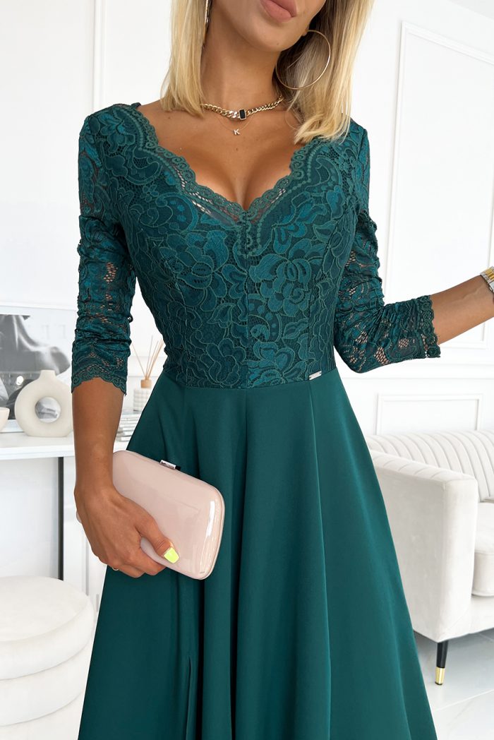 309-5 AMBER elegancka koronkowa długa suknia z dekoltem - ZIELEŃ BUTELKOWA-3