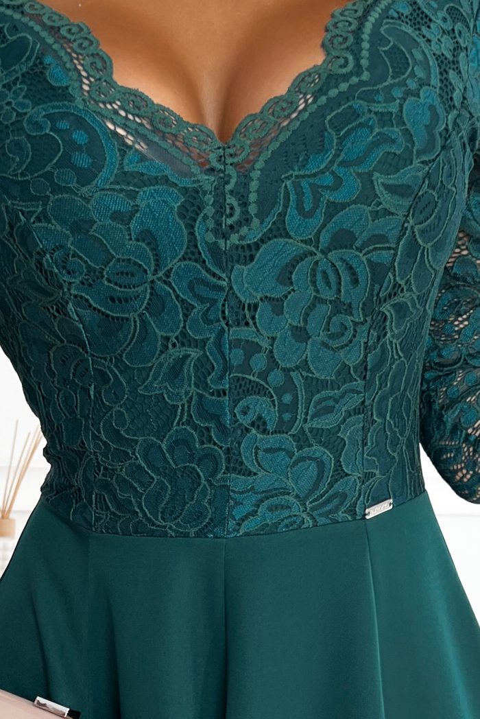 309-5 AMBER elegancka koronkowa długa suknia z dekoltem - ZIELEŃ BUTELKOWA-6