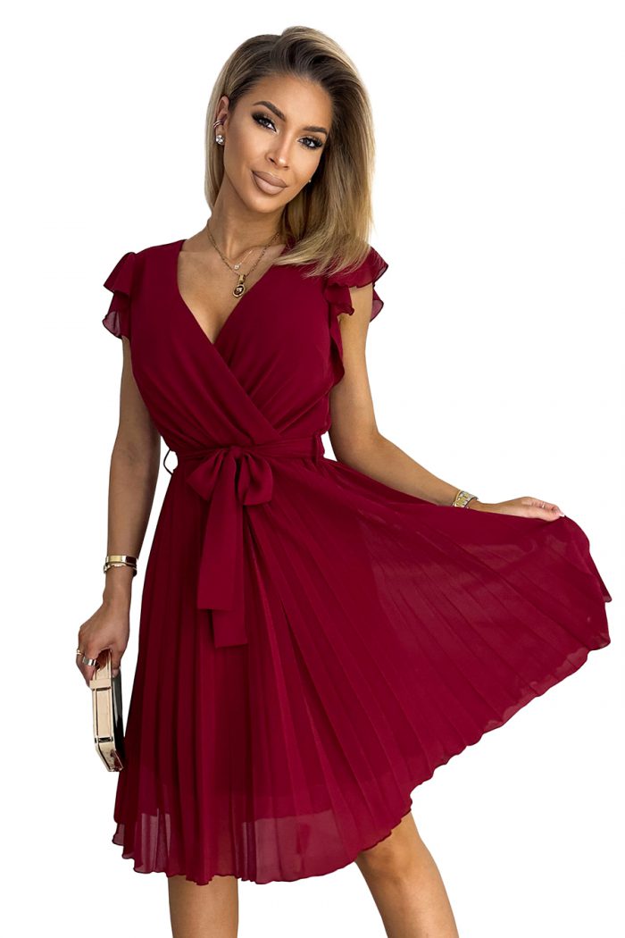 374-2 POLINA Plisowana sukienka z dekoltem i falbankami - BORDOWA-6
