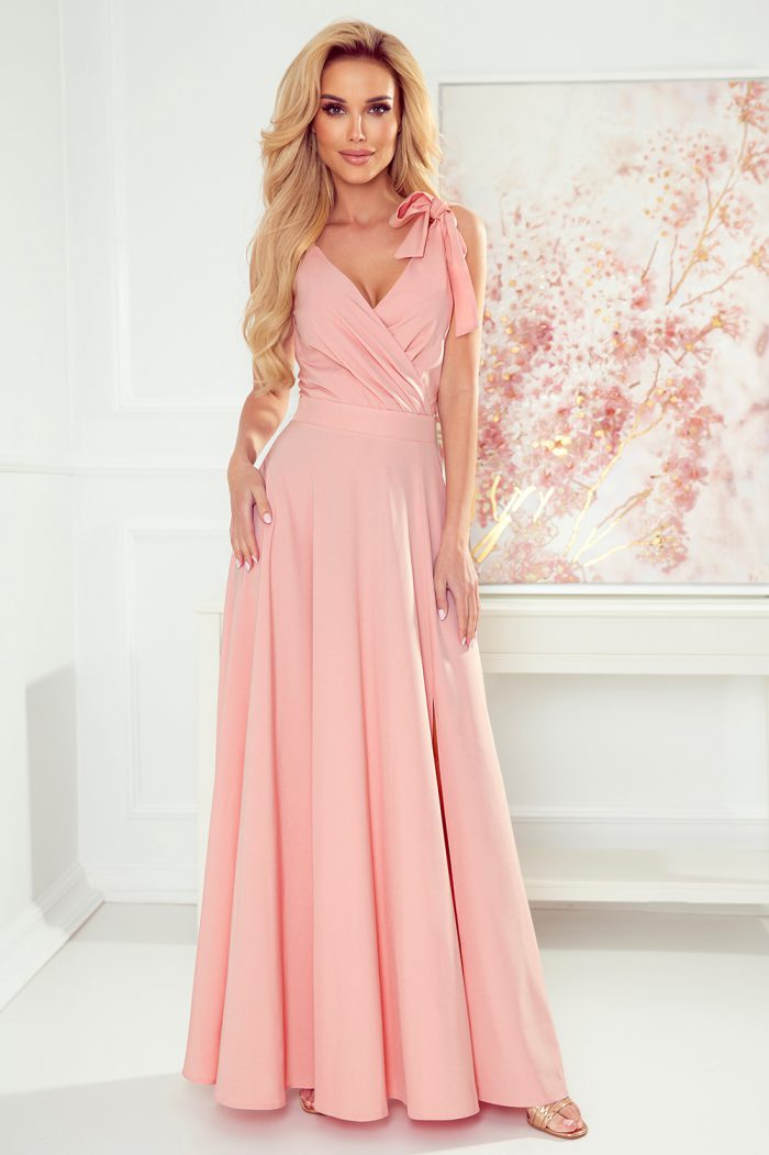 405-3 ELENA Długa suknia z dekoltem i wiązaniami na ramionach - BRUDNY RÓŻ-8